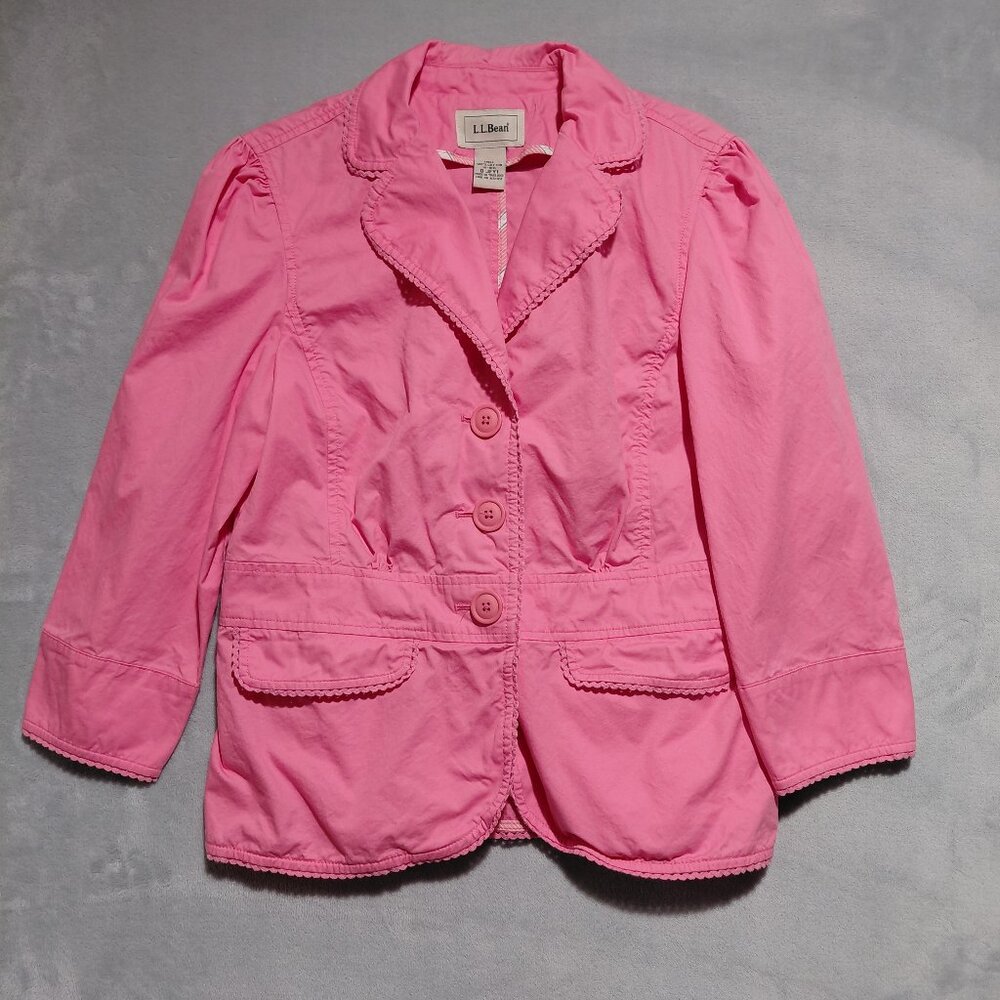 LL Bean Fitted Pink Spring Blazer Women 10 Reg Cotton Jacket Pockets Ruffle Trim